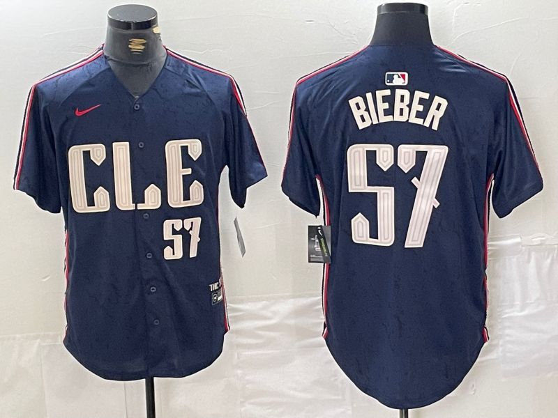 Men Cleveland Indians #57 Bieber Blue City Edition Nike 2024 MLB Jersey style 4